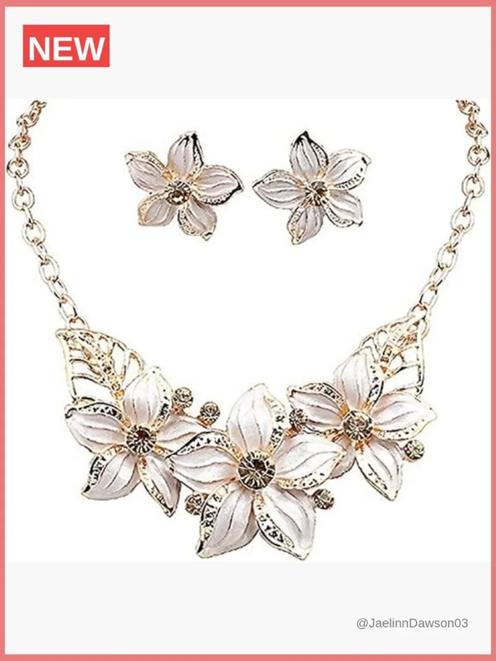 Gold Plated Rhinestone Crystal Flower Necklace Earrings Jewelry Set